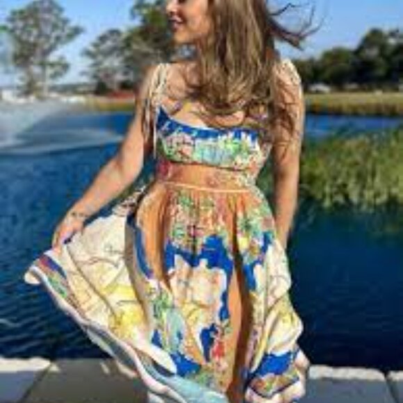 Christian Lacroix Alight Picnic nautical map blue linen blend midi dress size M - Picture 6 of 11